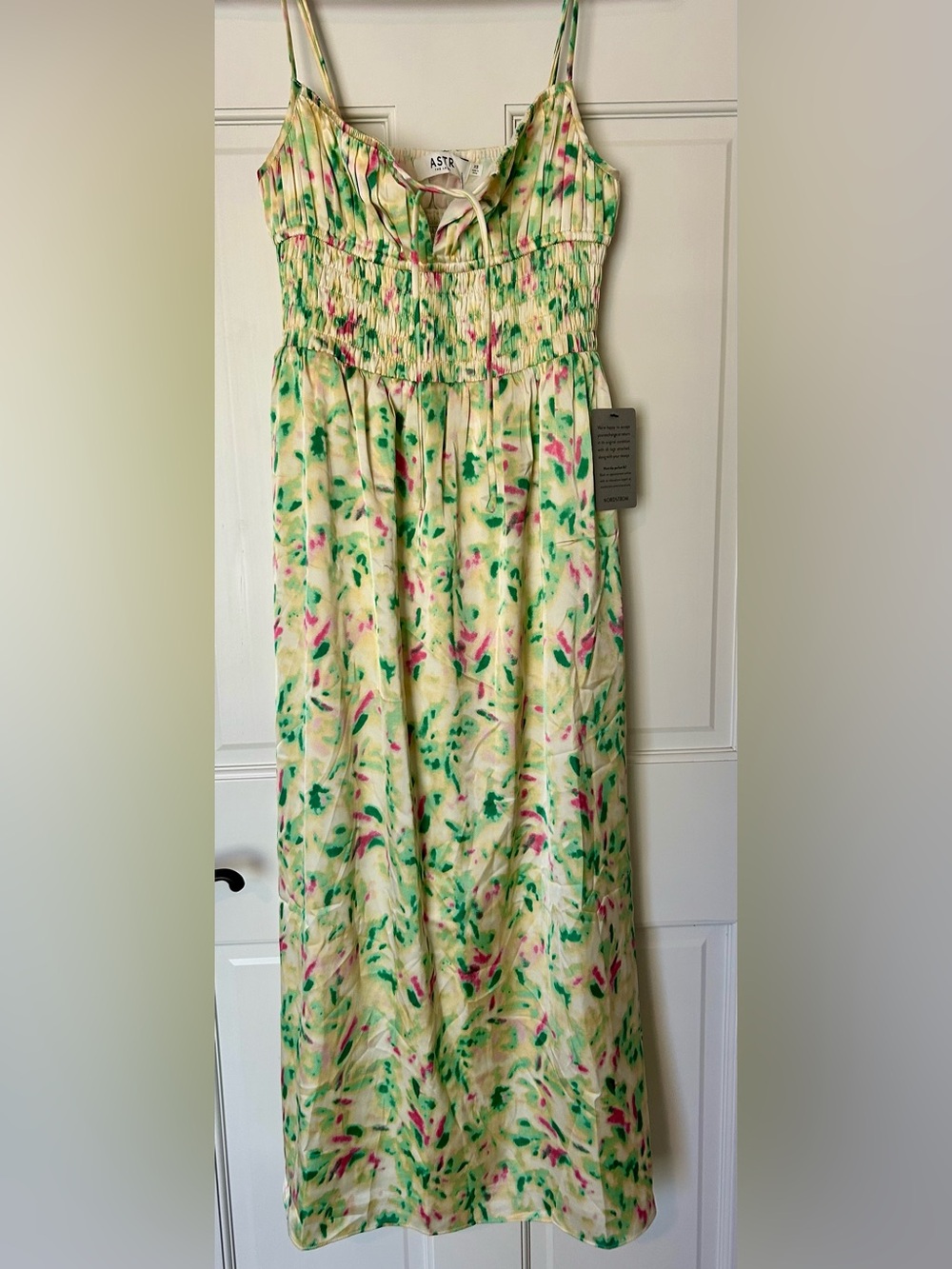Astr Women’s Floral Smocked Sundress with Pink & Green Accents 39” long